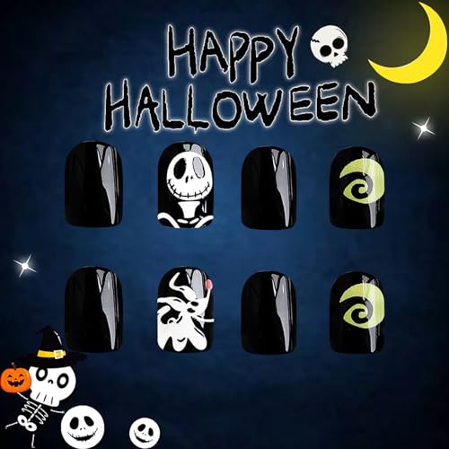 Halloween Press on Nails Short Square Black Fake Nails with Designs - Halloween Nails14