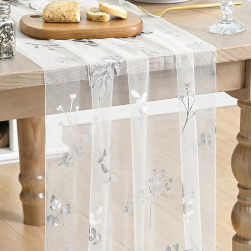 10FT White Silver Floral Leaves Gauze Table Runner - Wedding Party Decor
