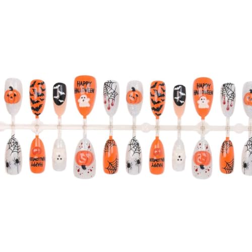 Medium Almond 3D Pumpkin Ghost Spider Halloween Press-On Nails - Color42