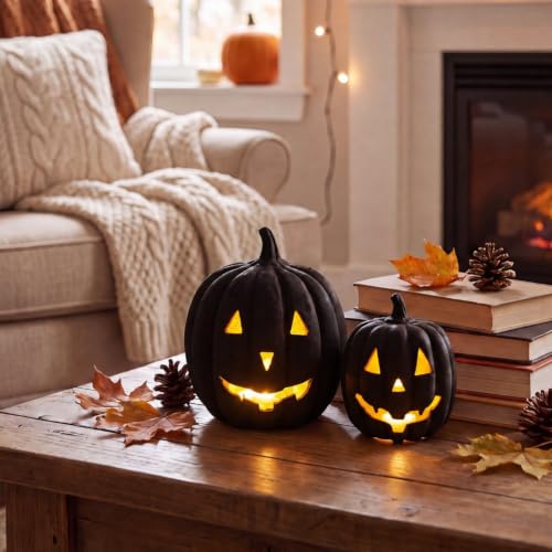 Halloween Paper Mache Jack O'Lantern Set - Black, 2 Indoor Pumpkins with LED Lights
