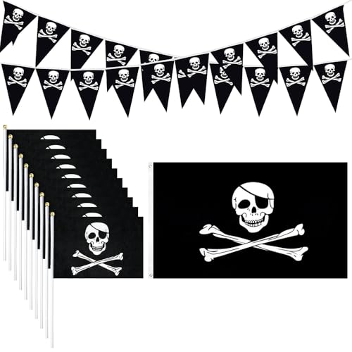 Pirate Day Party Flag Set with Skull Banner and Handheld Flags - Indoor Outdoor Decor
