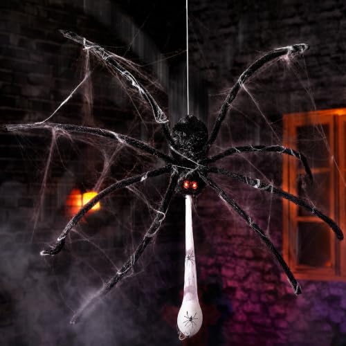 Floating Giant Spider Halloween Decoration with Glowing Eyes & Sound - 48 Inch Haunted House Prop