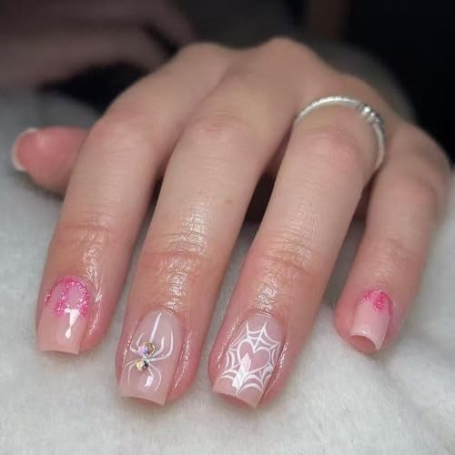 OCOUYVD Halloween Short Square Press On Nails with Heart Spider Web Rhinestones - Variation 2794