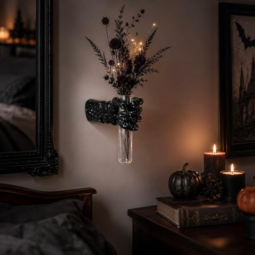 Halloween Wall Sculpture Creepy Skull Hands Vase Black - Gothic Horror Decor