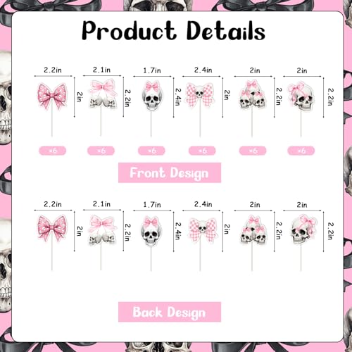 36pcs Gothic Birthday Cupcake Toppers - Pink Bow Skull Decorations for Halloween & Party