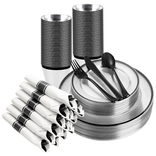 Black and Clear Disposable Plastic Plate Set for 25 Guests - 175 Pieces