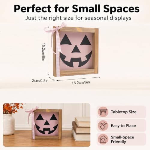 Pink Halloween Decor Pumpkin Face Sign - Pink Face Variation, Rustic Wood Home Table Wall Shelf Decor