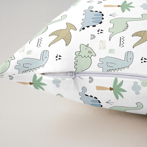 Kids Dinosaur Pillow Cover White 18x18 Inches Pack of 2 - Watercolor Jungle Animals