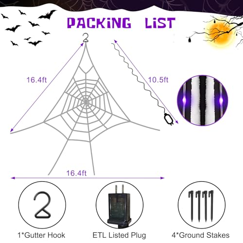 Purple Halloween Spider Web Decorations - 16.4 Ft Giant Yard Web with Lights