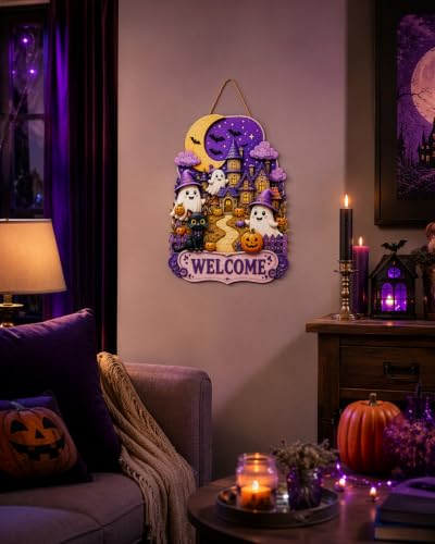 Halloween Wooden Wreath for Front Door - Purple Ghost Hanging Sign