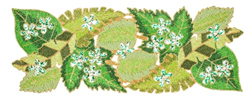 Green Leaves Hand Beaded Table Runner 13x36 Inches - Farmhouse Decor