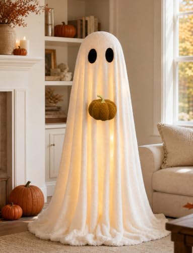 Indoor Halloween Ghost Decoration with Pumpkin and Light-Up Feature - 3.6FT