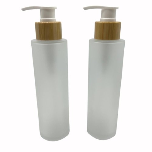 2PCS 150ML/5oz Empty Refillable Frosted Glass Pump Bottles Container Holder Vials Pot Storage with Bamboo Screw Pump Head for Bath Shower Shampoo Hair-Conditioner Cleanser Makeup Liquids