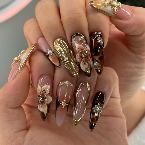 Press On Nails Long Fall Gift for Women - Flower & Swirl Design - Almond Shape