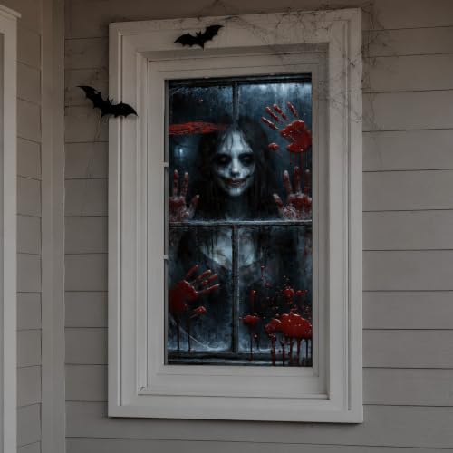 Halloween Window Cover - Spooky Horror Ghost & Blood Handprints Decoration 31.5x47.2"