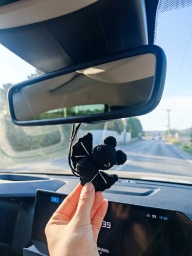 Handmade Crochet Bat Car Mirror Hanging Decor - Cute Vehicle Rear View Ornament