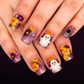 Halloween Press On Nails Short Square Fake Nails with Ghost & Spider Web Design - Variation 1