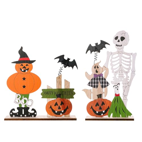 Halloween Wooden Centerpiece Signs Set - Pumpkin & Skull Table Decorations