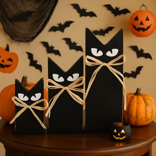 Halloween Rustic Wooden Black Cat Decorations Set - 3 Black Cats for Tabletop Shelf Mantel - Fall Party Decor