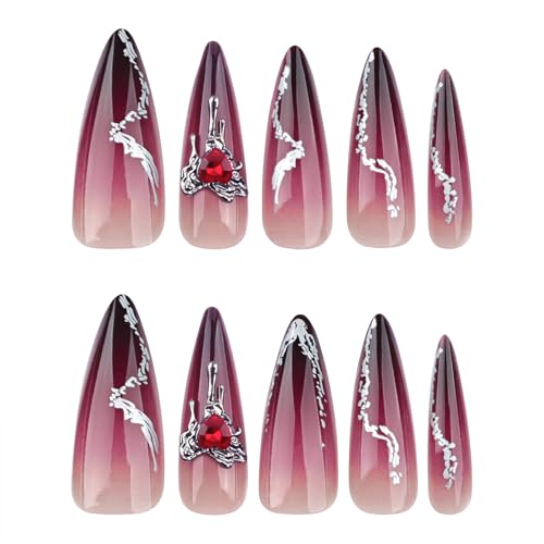 Halloween Long Stiletto Fake Nails with Red Rhinestones & Designs - Black & Red Gradient, 24 Pack - Variation 4