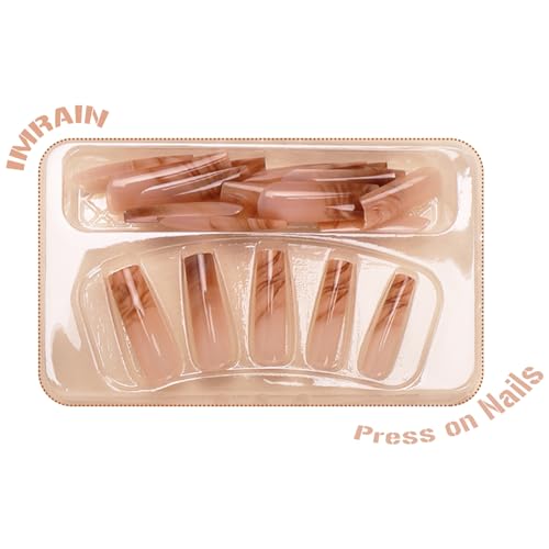 IMRAIN Long Square Press On Nails - Brown Marble Gradient A-19 Variation 24 Pcs