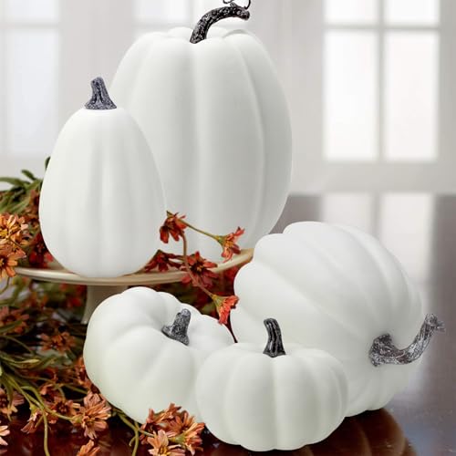 Artificial White Pumpkins Set - Fall Autumn Decor for Halloween Thanksgiving
