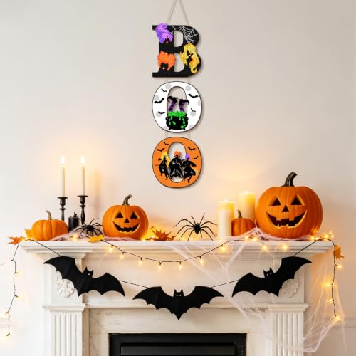Halloween Wooden Door Sign Decorations - Spooky Witch Sisters, Bat & Cauldron Wall Plaque Set