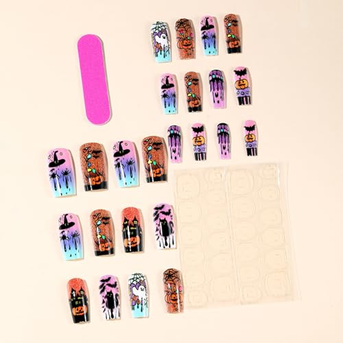 Halloween Almond False Nails Set with Ghost Bat Pumpkin Design - Style-5, 24pcs