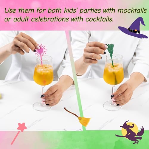 Pink and Green Party Drink Stirrers Set - Glitter Princess Crown & Witch Hat
