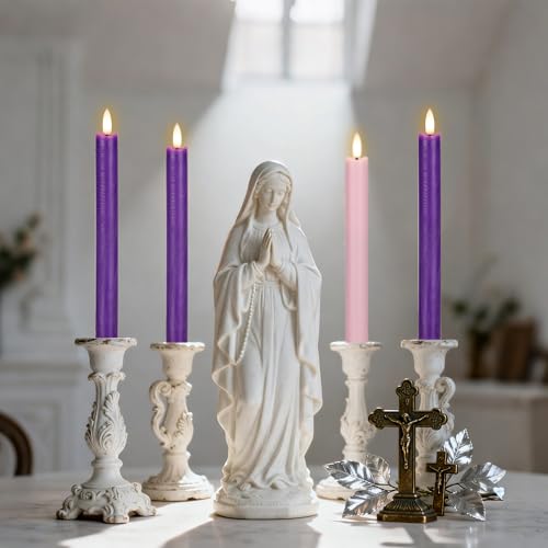 Flameless Taper Candles with Remote - Real Wax Advent Candles Set - Purple & Pink
