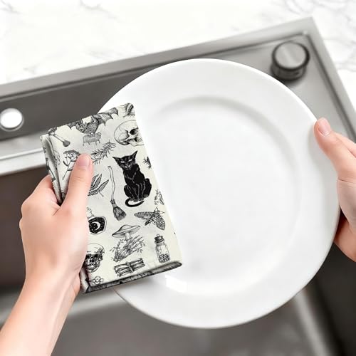 Witchy Gothic Kitchen Towels Set of 2 - Celestial & Cat Design, 16x24 Inches