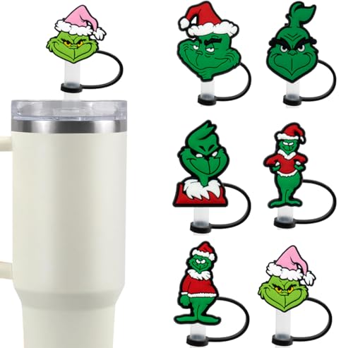 Christmas Straw Cover Caps for 30 & 40 Oz Tumblers - Reusable Silicone Straw Tips (6 Pack)