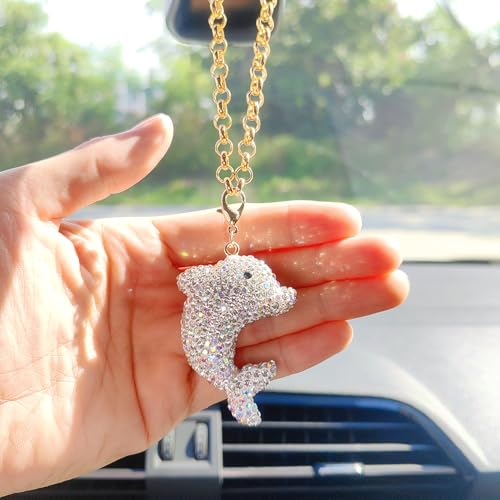 White Bling Dolphin Rear View Mirror Charm - Sparkling Rhinestones Car Decor