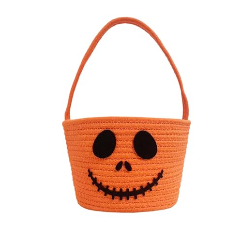 Halloween Woven Basket Candy Storage Bin with Smiley Ghost - Portable Trick or Treat Container