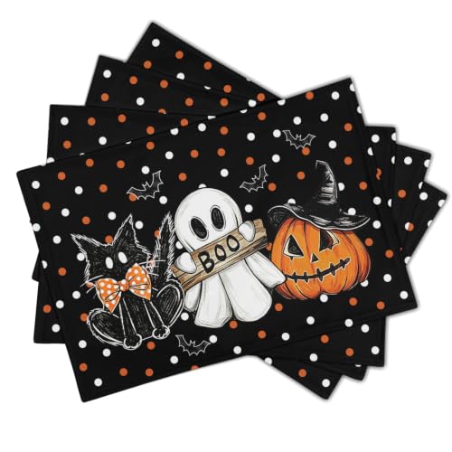 Halloween Placemats Set of 4 - Black Cat Pumpkin Ghost Bat Linen Table Mats - Heat-Resistant & Washable
