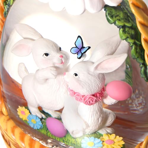 Easter Snow Globe Lantern with Bunny Basket & Egg - Swirling Glitter, Timer, USB/Battery