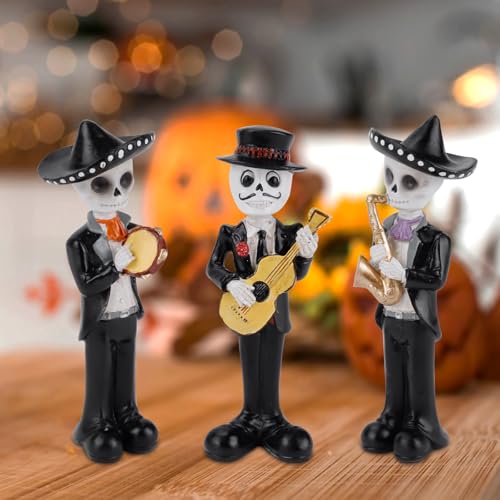White Day of The Dead Skeleton Figurines with Mariachi Band - Halloween Decor, 3PCS, 5.5In