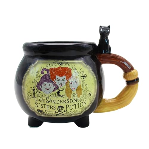 Hocus Pocus Sisters Potion Label Mug - 20oz Ceramic 3D Sculpted Cauldron with Broom Handle - Collectible Gift