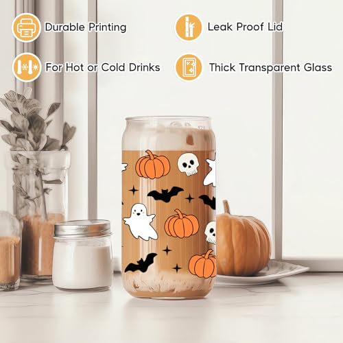 Halloween Ghost & Bat Glass Cup - 31oz Iced Coffee Tumbler with Lid & Straw
