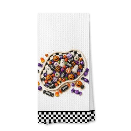 Halloween Spooky Candy Checkered Kitchen Towels 16x24 - Candies Variation