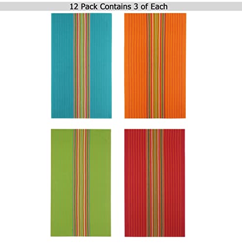Cotton Craft Salsa Stripe Kitchen Towels Set - 12 Pack Multi-Color 16x28 Inches