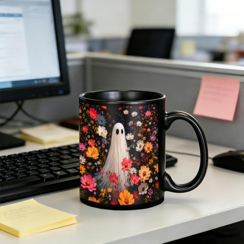 Dark Wildflower Ghost Halloween Mug - Holiday 02, 11oz Ceramic Coffee Cup