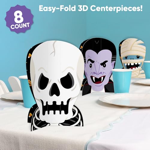 Halloween Monster Table Centerpieces Set of 8 - Skeleton, Dracula, Frankenstein & Mummy Party Decor