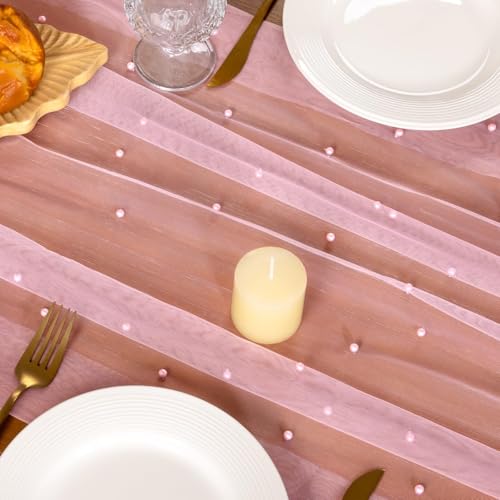 Pink Pearl & Tulle Table Runner 10FT for Fall & Weddings - Santaben