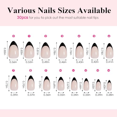Black French Tip Press On Nails - Short Almond Fake Nails with Glue & Remover, Reusable Manicure Kit