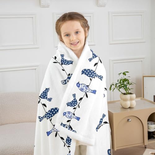 Kids Bird Blanket Throw - Blue, Multi 6 / Boho Nature Floral Animal Print