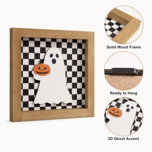 Black White Checkered Halloween Sign - 3D Ghost Pumpkin Home Decor - Variation: Black and White Checkered