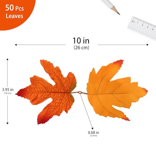 Artificial Maple Leaves Bulk 50 Pcs 2-Leaf Fall Decor - Orange Yellow & Red Variation
