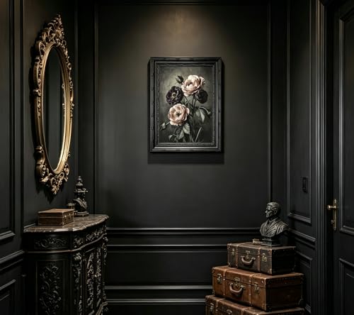 Dark Floral Canvas Wall Art - Vintage Gothic Botanical Painting, 16x12in - Black Frame