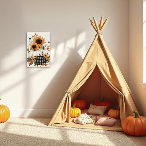 Fall Pumpkin Wall Art with Flowers - 18x12 Inches Farmhouse Canvas Print - Black Frame